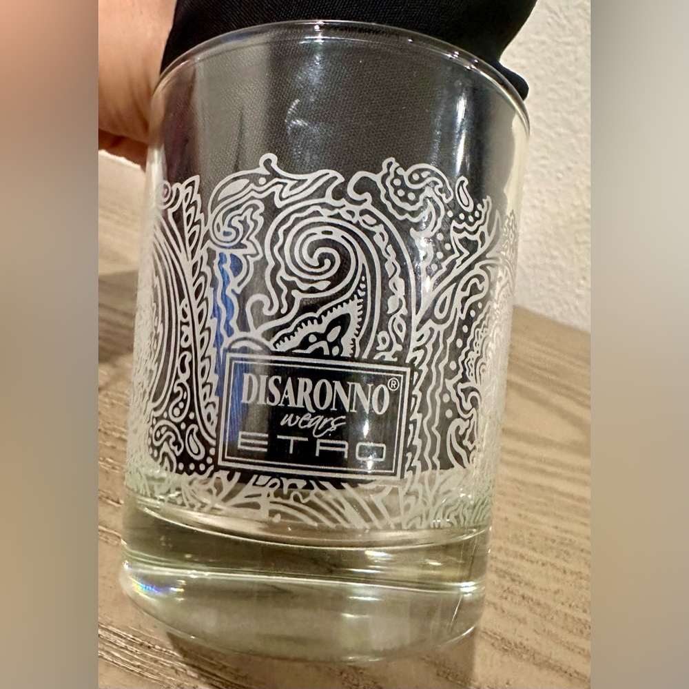 ETRO Paisley Disaronno Wears Etro Double Old Fashion Glasses.